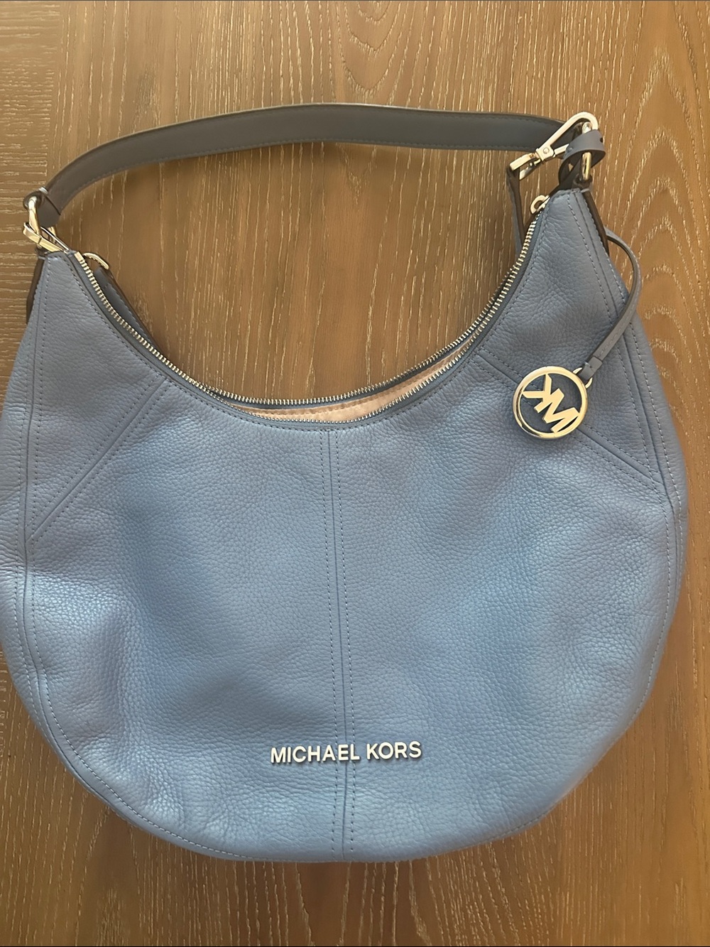 Michael Kors Slate Blue Pebbled Leather Hobo with Silver Logo Charm